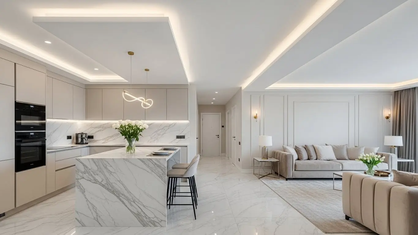 Açık konsept ada mutfak: ada mutfak konsepti, sosyal alan yaratma, spot ışıklar, LED şerit aydınlatmalar ve mekan derinliği kazandırma