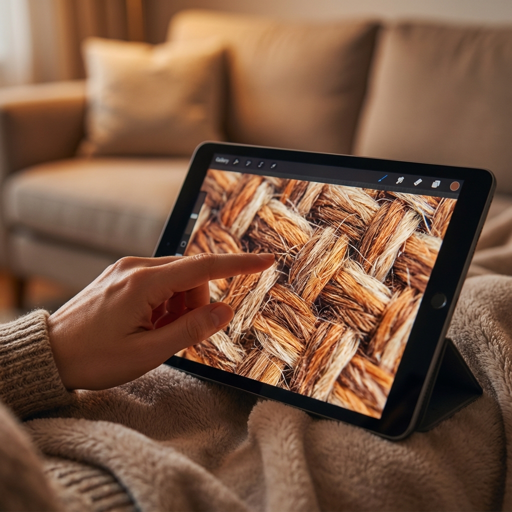 Dijital Showroom deneyimi: tablet ekranında kumaş dokusu inceleme