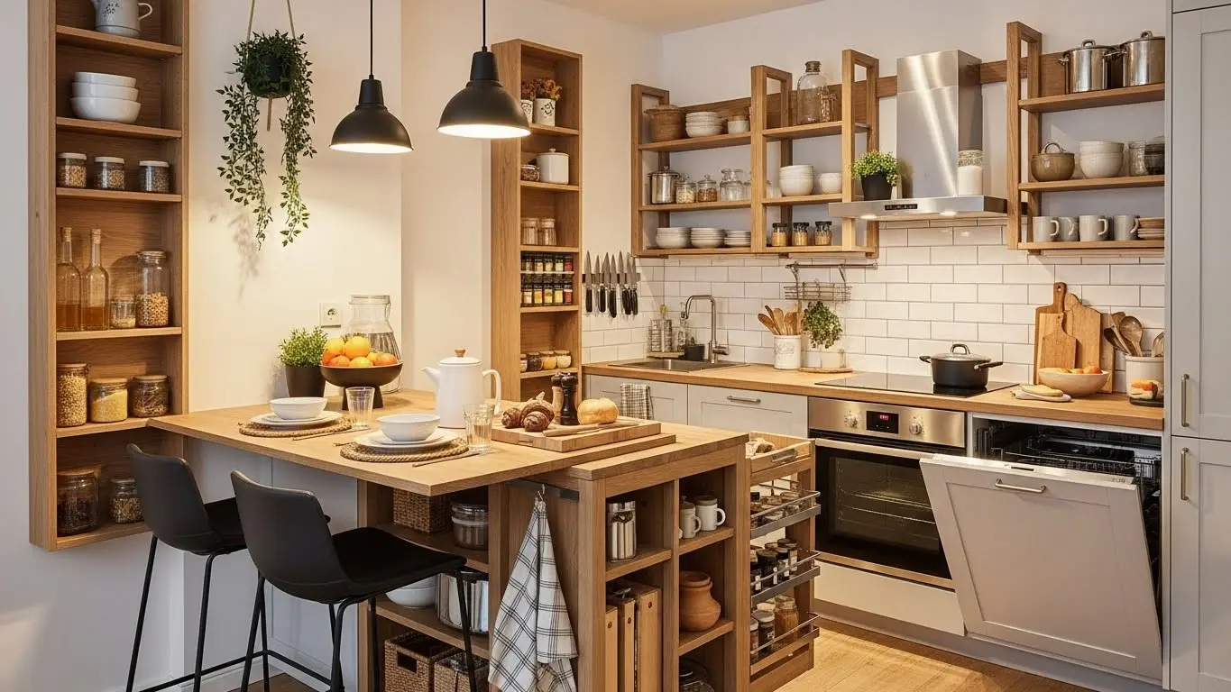 Küçük mutfak ada mutfak konsepti: kompakt ada mutfak tasarımı, sosyal alan yaratma ve depolama çözümleri ile küçük mutfak dekorasyonu