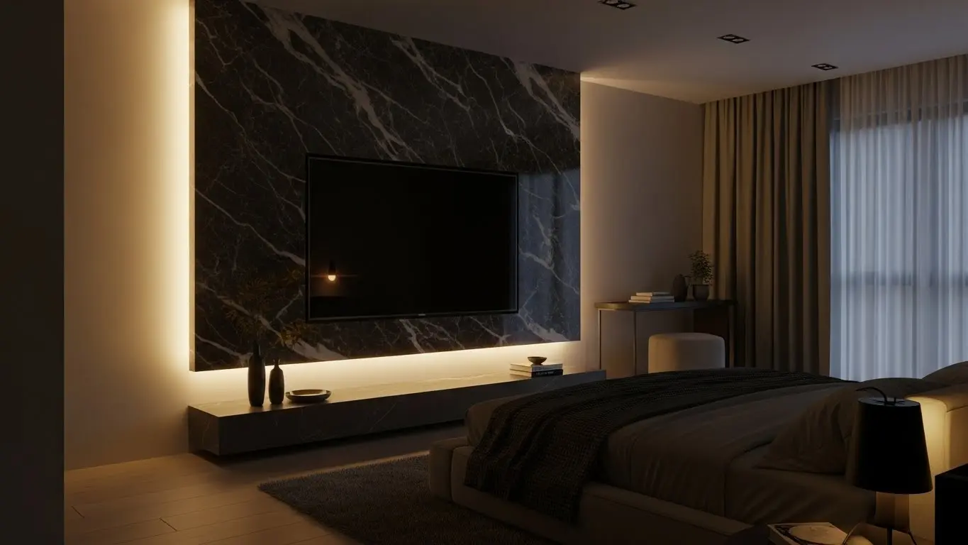 Yatak odası TV ünitesi tasarımı: mermer ve ahşap kombinasyonu, gizli depolama alanları, çekmece sistemleri ve dimmer kontrollü aydınlatma ile otel konforu