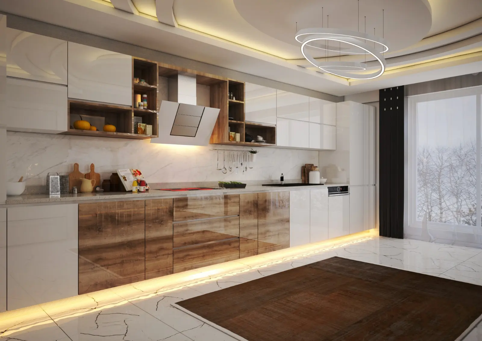 Gri dikey duvar çıtalama uygulaması üzerine modern tüy desenli tablo, dekoratif raflar ve şık tavan avizesi ile modern koridor ve antre dekorasyonu