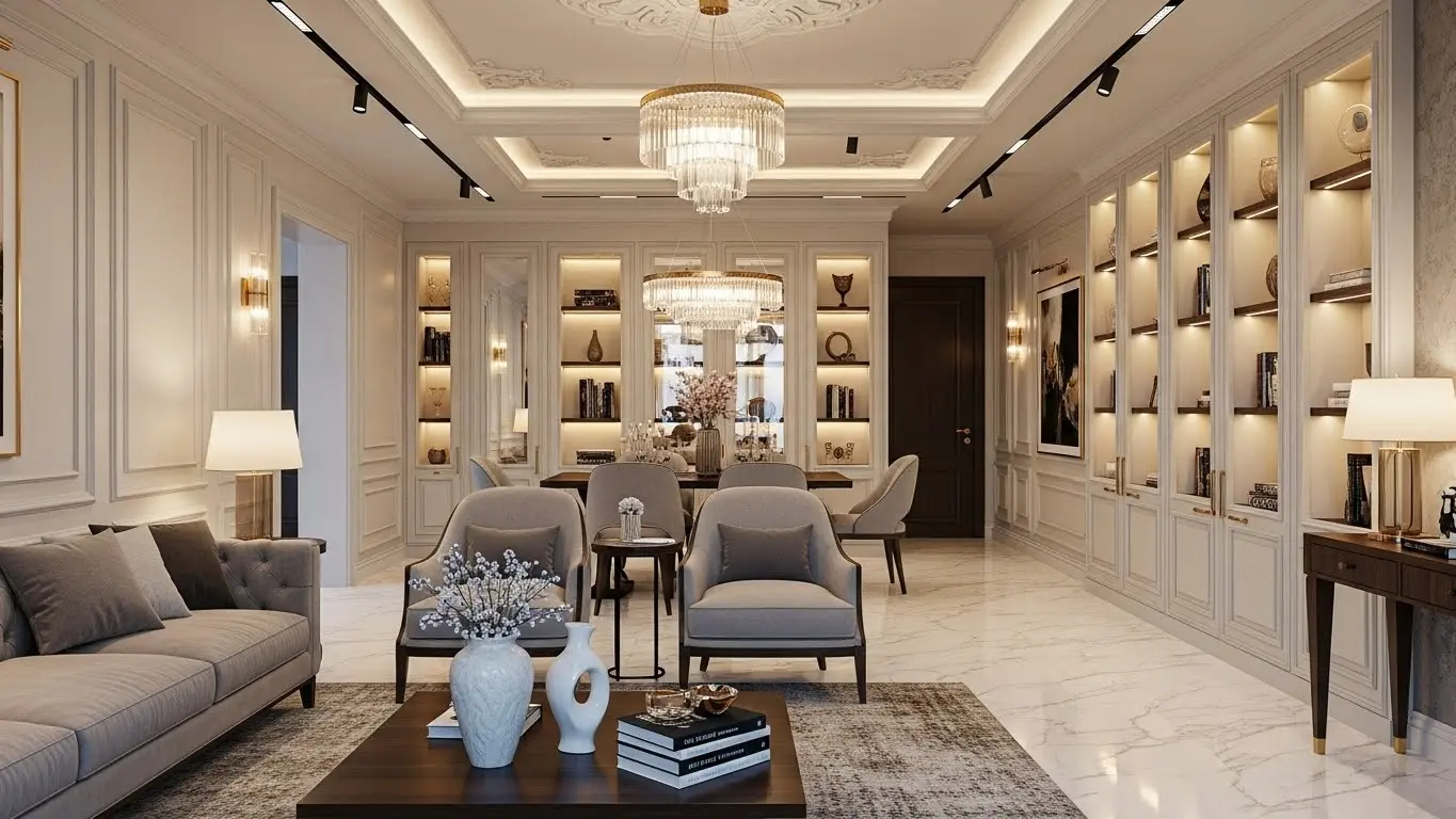 Anahtar teslim iç mimarlık projesi: mermer zemin döşemesi, duvar dekorasyonları ve mobilya tasarımı ile mekan dönüşümü