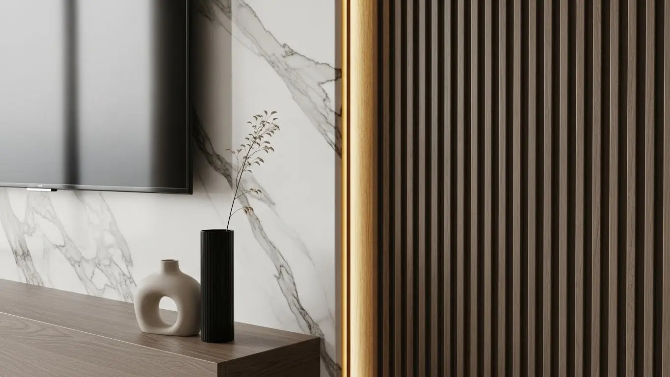 TV ünitesi ve duvar paneli tasarımı: doğal taş paneller, dikey çıtalama uygulaması ve lüks salon dekorasyonu