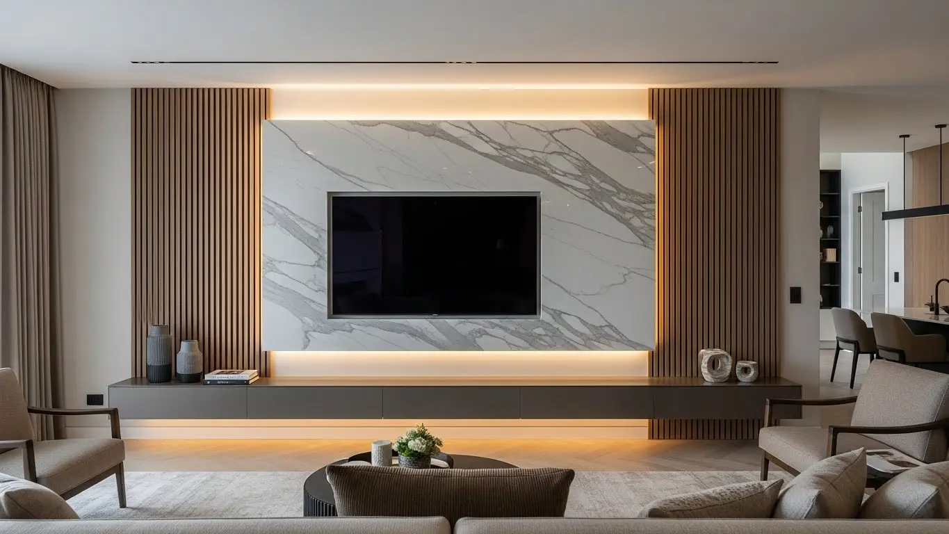 Modern TV ünitesi tasarımı: mermer ve ahşap kombinasyonu, gizli depolama alanları ve LED aydınlatma entegrasyonu ile salon dekorasyonu