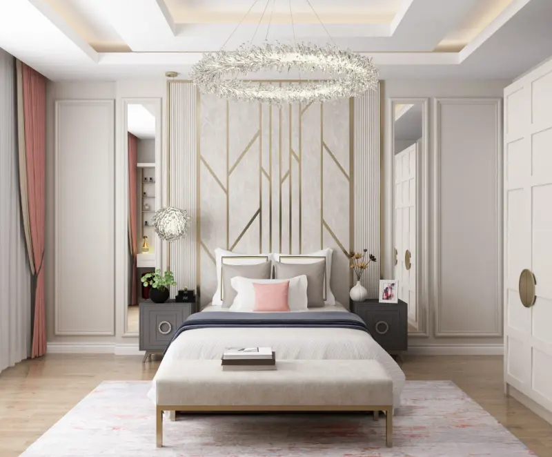 Şahinbey studio detay: altın detaylı geometrik duvar ve sanatsal dekorasyon